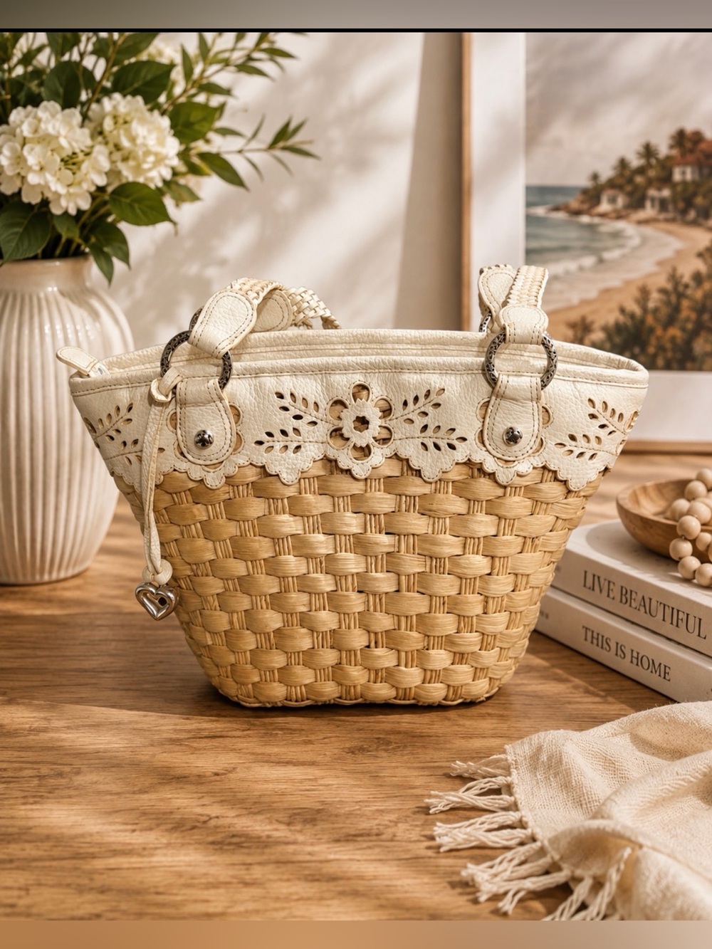 Brighton Cream and Natural Woven Tote with Floral Trim